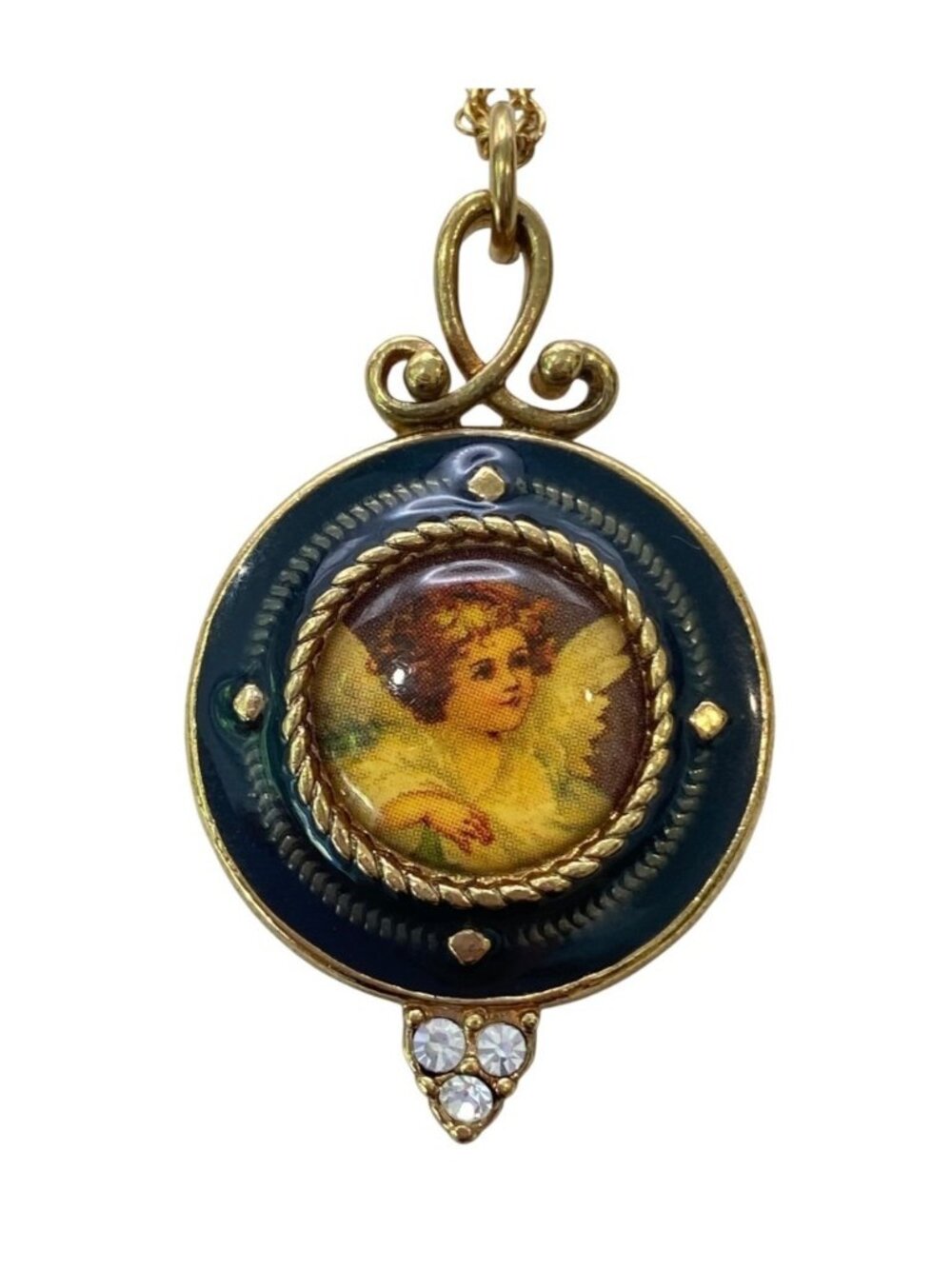 Vintage 1970s Victorian Revival Portrait Locket Necklace Blue Enamel Rhinestone